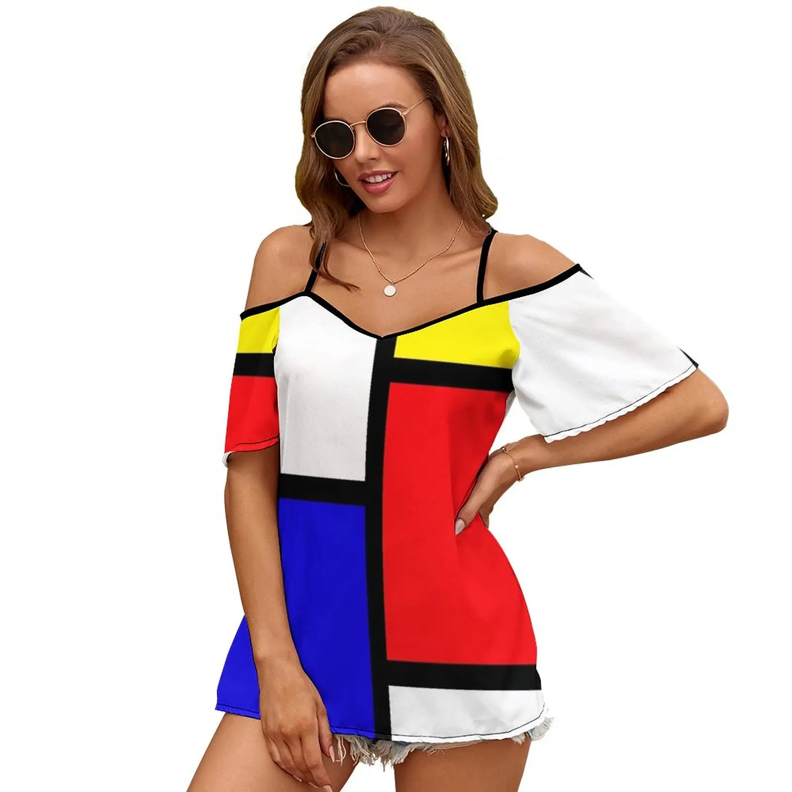 Mondrian Women Short Sleeve Tops O-Neck Hollow Out Shoulder Strap Tees Streetwear Mondrian Artist Geometric Primary Colours Red