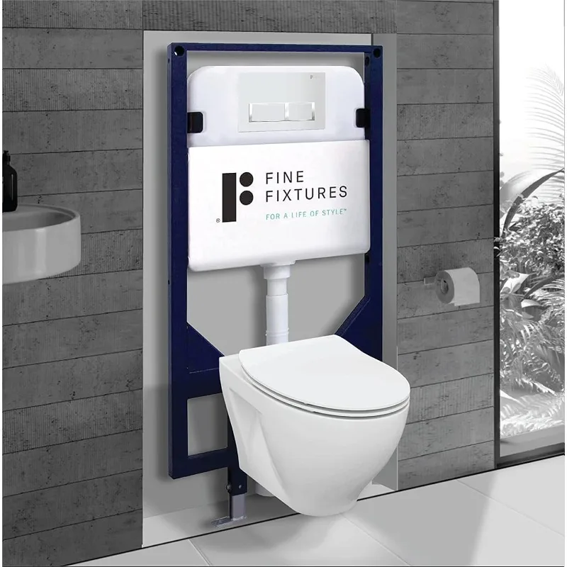 In-Wall toilet Combo Set - Toilet Bowl With Soft-Close Seat, Wall Hung Tank And Carrier System, Push Buttons Included