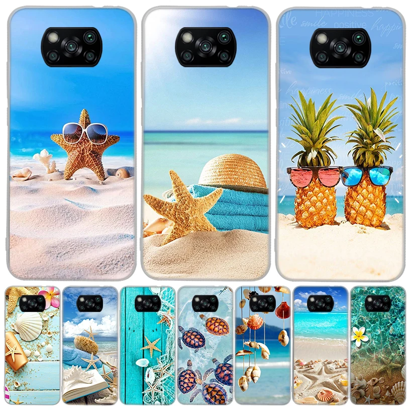 Blue Wood Seashells Sea Star Phone Case For Xiaomi Poco X6 X5 X4 X3 Nfc F6 F5 Pro F4 Gt F3 F2 F1 M5 M5S M4 M3 5G Shell Coque X3 