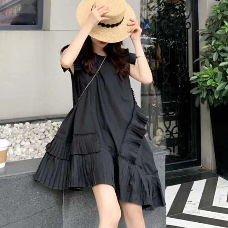 

Ladies Irregular Ruffle Pleated Dress Summer Round Neck Sleeveless Casual Loose Elegant Women Fashion Dresses 2023 Thin Korean