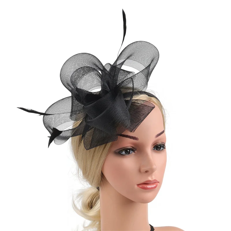 Neuer Braut-Fascinator-Schleifenhut mit Stirnband und Clips, Jockey-Zylinder mit Federn, Hochzeit, Cocktail, Teeparty, Kopfbedeckung für Frauen – Detail 11