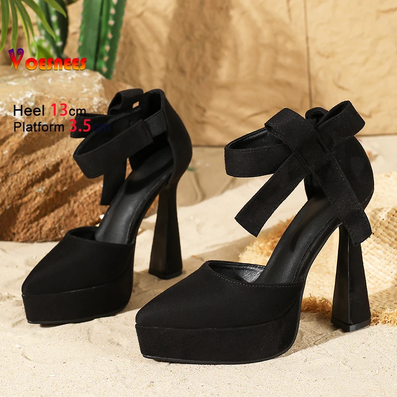 

Модные летние сандалии на толстой платформе с острым носком и бантом для женщин, черные замшевые дизайнерские туфли на высоком каблуке 13 см, элегантные вечерние женские туфли