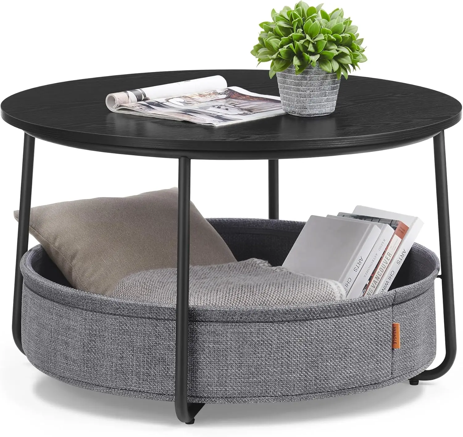 Coffee Table with Storage, Round Center Table for Living Room with Fabric Basket, Modern Style, Metal Frame, Ink Black