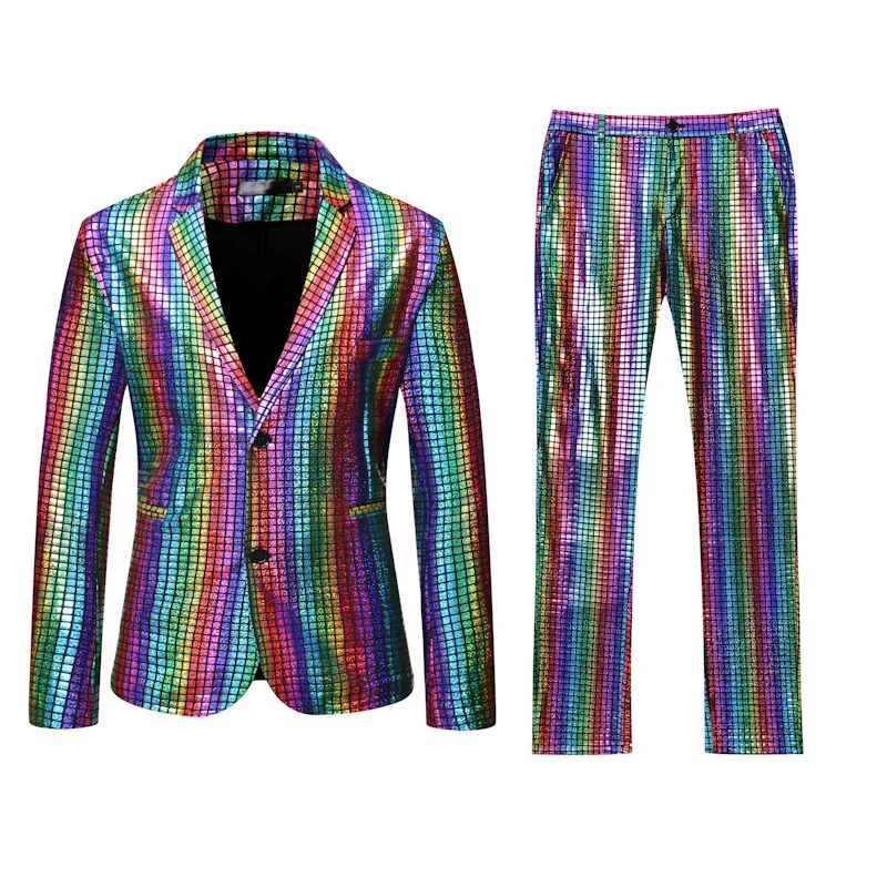 Blazer et pantalon de Rhde scène pour hommes, veste à paillettes à carreaux, costume de cosplay, costume de chanteur masculin, arc-en-ciel, or, argent, danse, fête d'Halloween