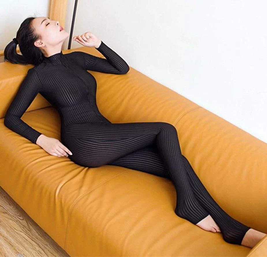 Sexy Front Zip Vertical Bodysuit - Night Club Dance Costume, Fetish Latex-Like Tight Full Body for Women