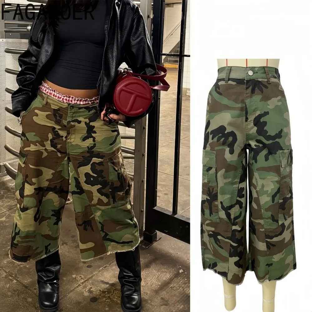 

FAGADOER Spring New Fashion Camouflage Print Pants for Woman Button Cargo Pocket Patchwork Pants Female Streetwear Bottoms 2026