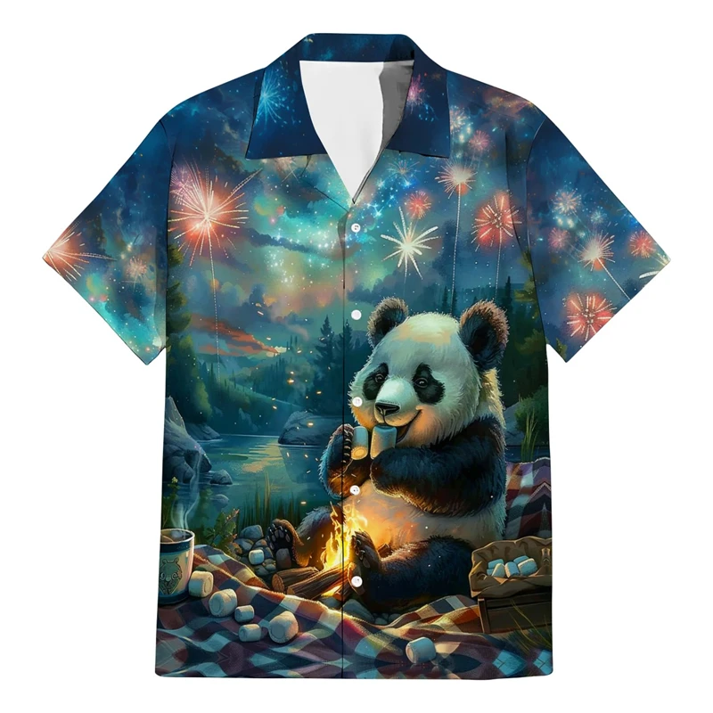 

Cute Animal Panda Print Hawaii Shirt Men Tops Fashion Turn Down Collar Casual Beach Shirts Unisex Blouse Short Sleeve Clothing