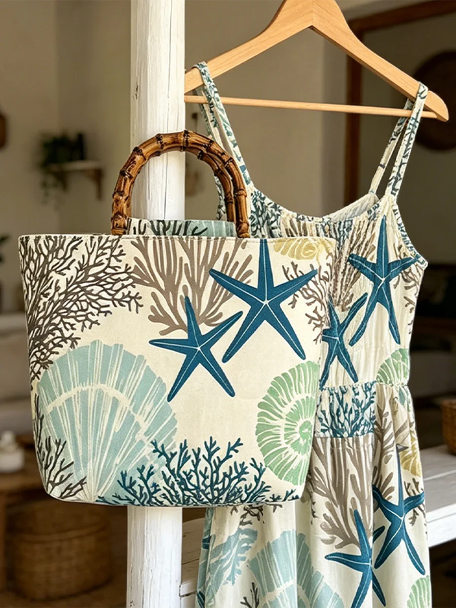 Blaue Seestern-Korallenmuschel-Print Kunstbambusgriff Damen-Tragetasche, Große Kapazität Pendler-Tasche – Detail 7