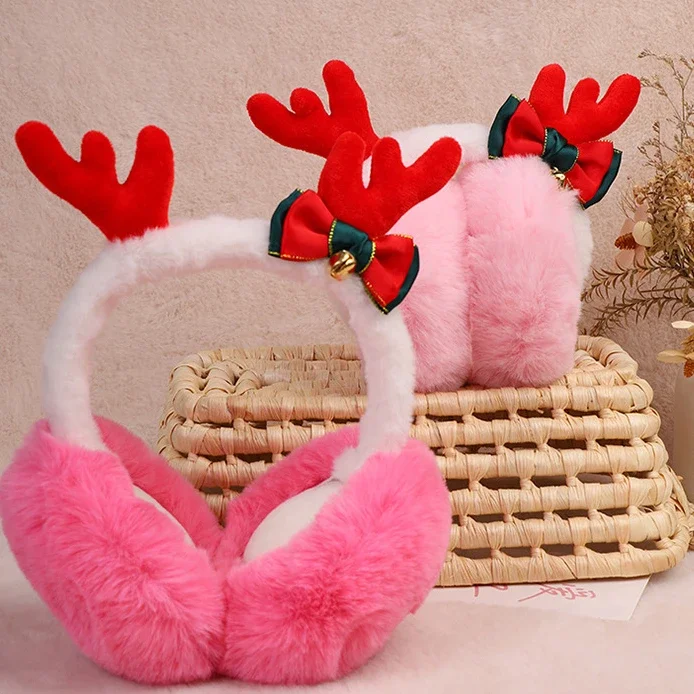 

Christmas Antler Earmuffs Bow decoration Deer Horn Bell Foldable Earflap Winter Warm Plush Ear Muffs Cold Protection Ear Cover