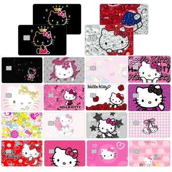 Autocollants de peau de carte de crédit de dessin animé Hello Kitty, 2 pièces, pour carte bancaire VISA, autocollant de métro Double face, accessoires de décoration pour femmes