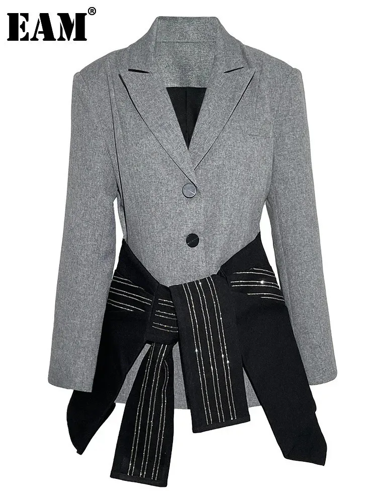 [EAM] Women Gray Striped Bandage Elegant Long Blazer New Lapel Long Sleeve Jacket Fashion Tide Spring Autumn 2024 CPDB048