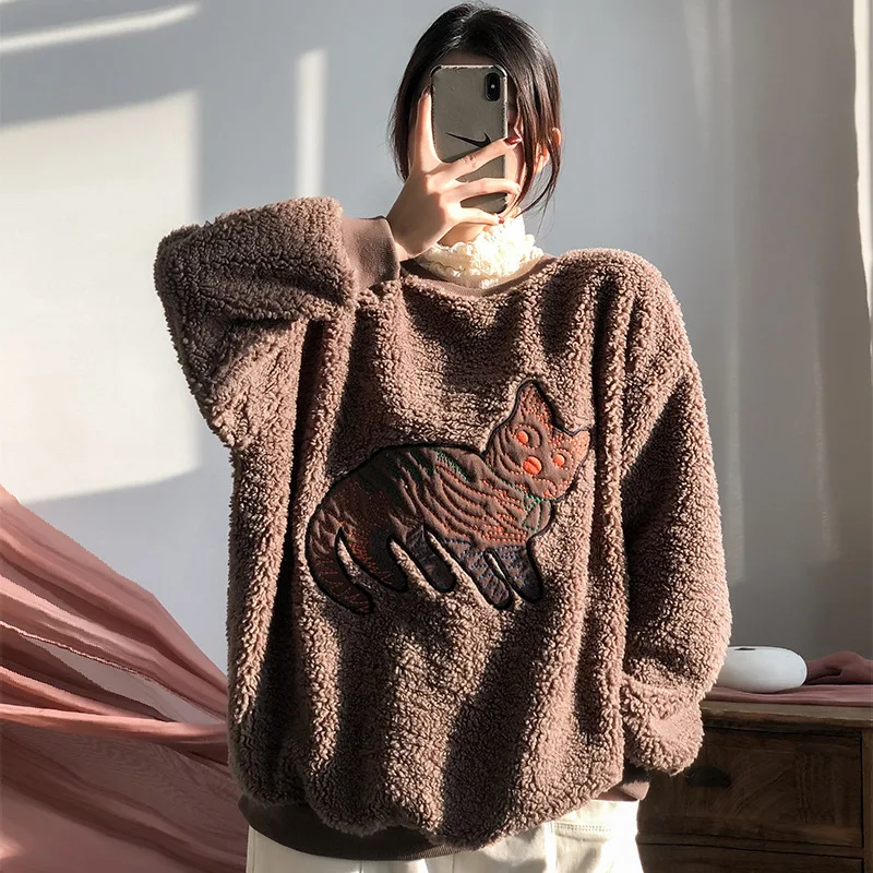 

Winter Korea Trend Fluffy Polar Fleece Loose Sweatshirts Casual Oversized Streetwear Kawaii Cute Harajuku Soft Pullovers Tops