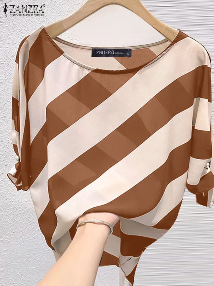 ZANZEA Women Fashion Stripe Tunic Tops Summer Loose Short Sleeve Tops Korean Harajuku Oversized Blouse Casual Streetwear Shirt