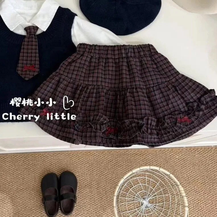 Girls Autumn College Style JK Suit New Children Fashion Style Shirt Knitted Vest Pleated Skirt Three-piece Set Solid Sets 4