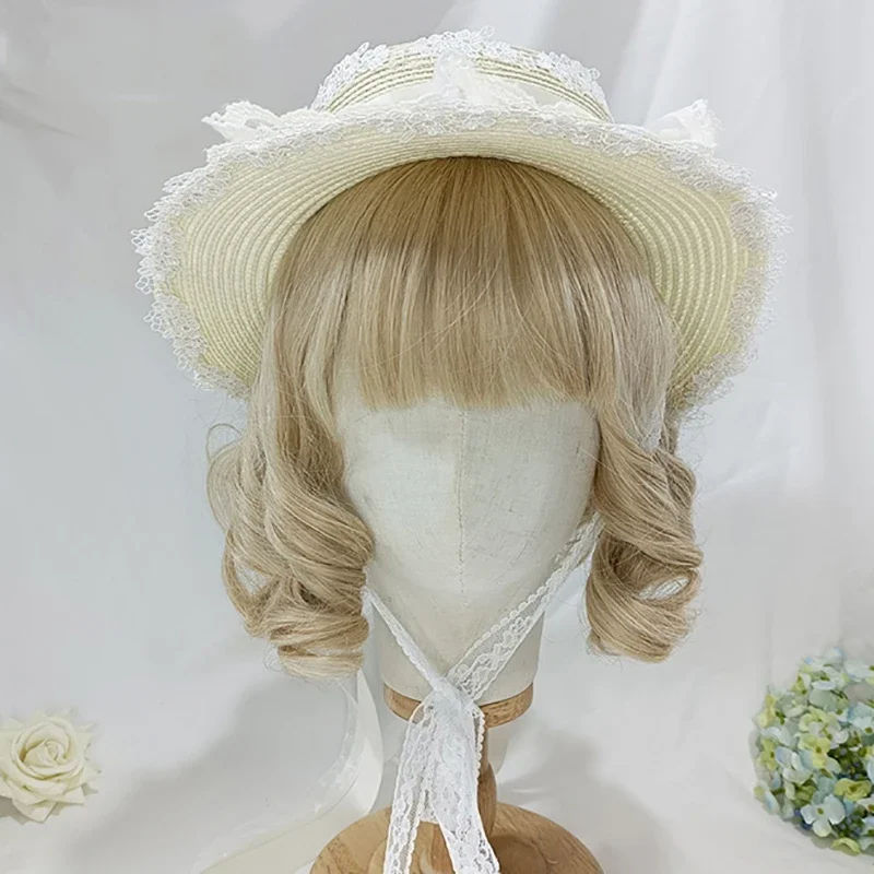 Chrysanthemum Straw Hat Bow Ribbon Sunshade Hat Lolita Girl Maid Cosplay Lace Pastoral Hat For Women Gift