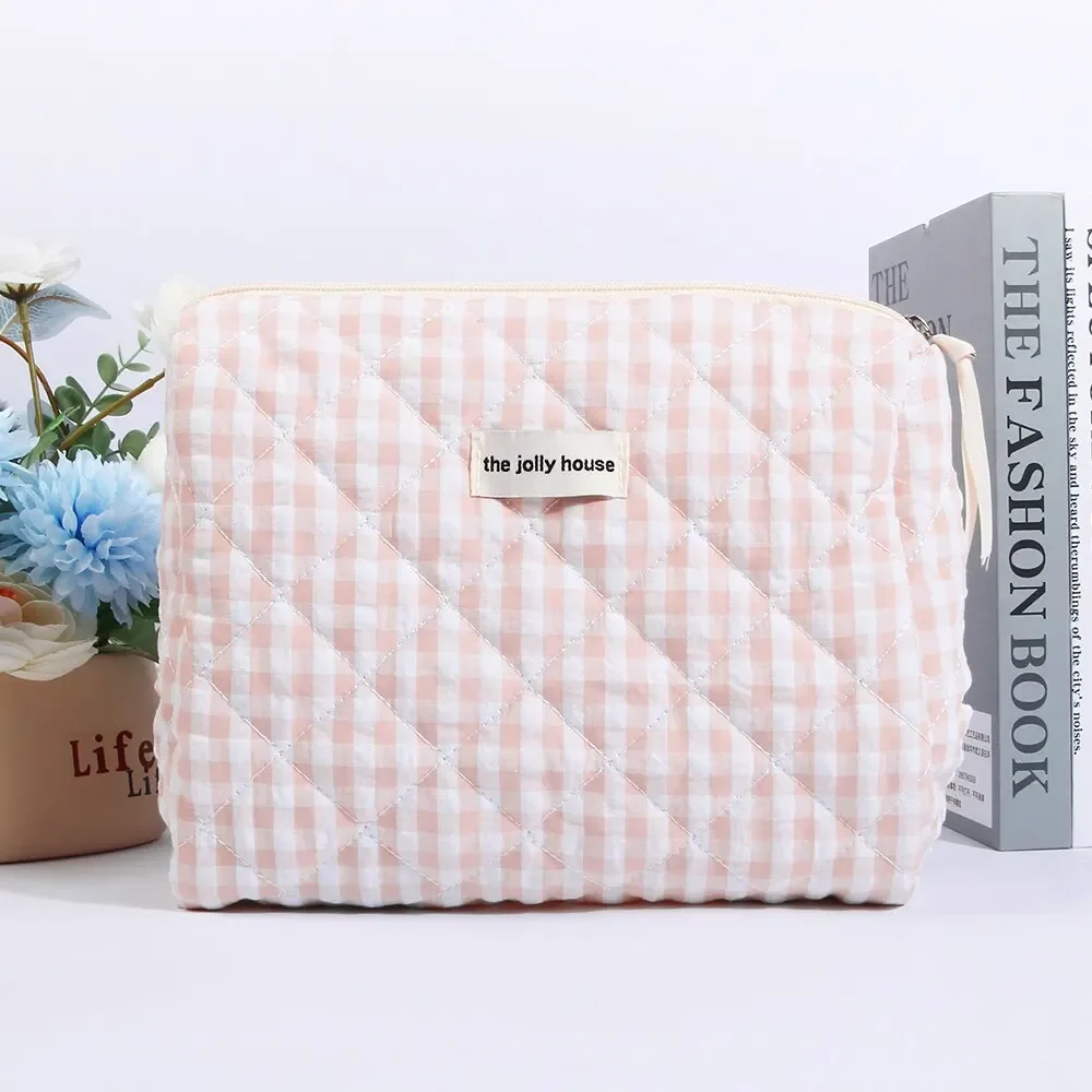 Casual Women\'s Cosmetic Pouch Large Capacity Travel Storage Bags Simple Plaid Ladies Clutch Handbags Pink Canvas Female Bag