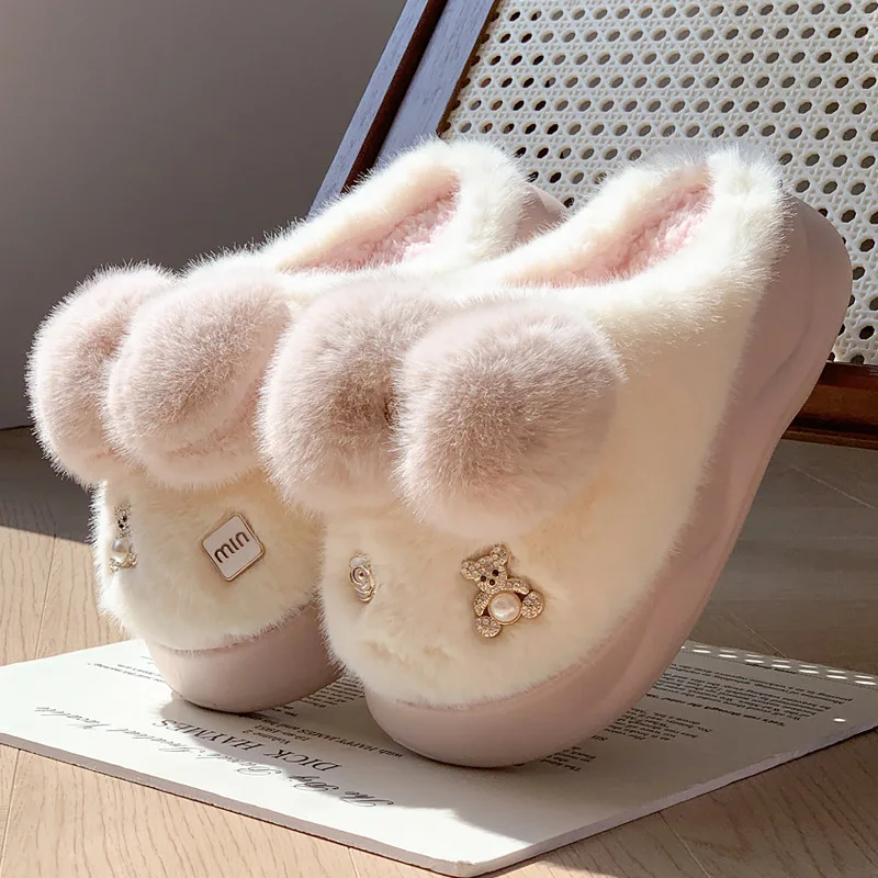 

New korean house slipper women pink fur slide shoes home slippers woman fluffy metallic mules shoes plush slippers with bowknot