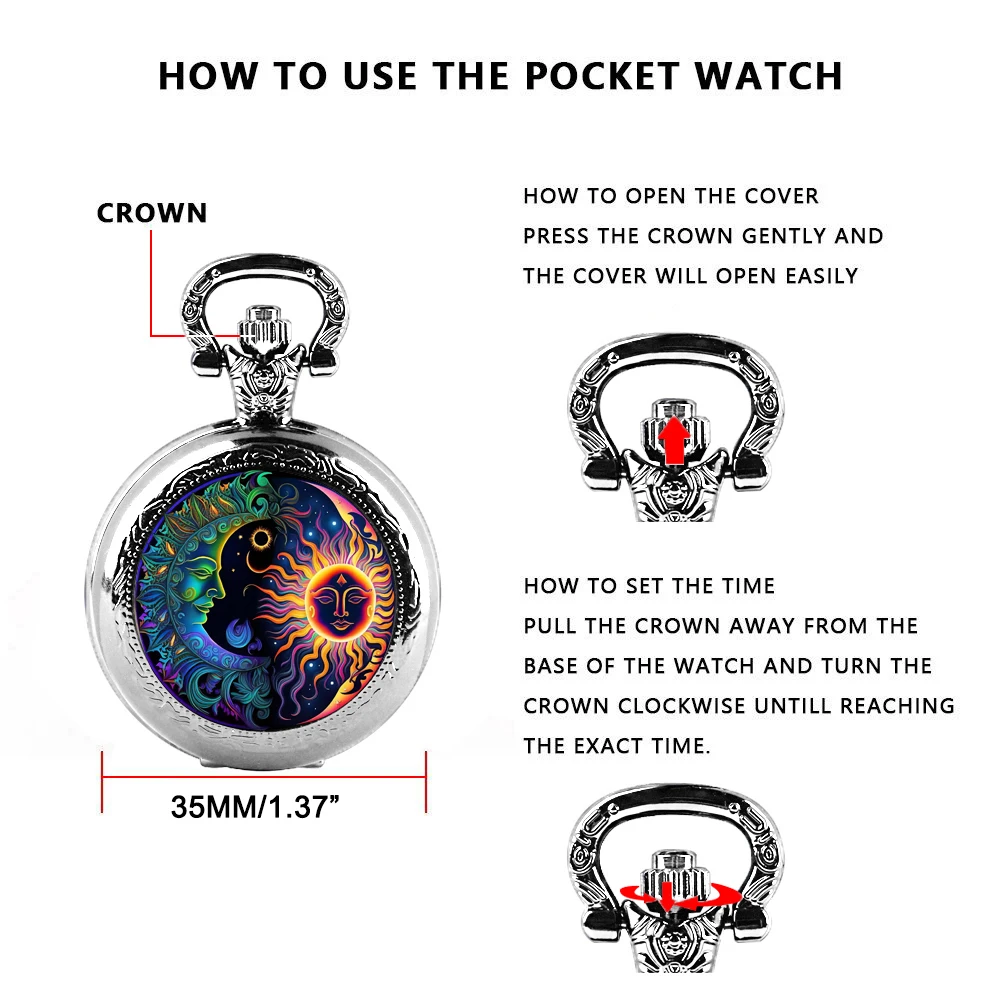 Retro เงินสแตนเลสดอกไม้ Sun และ Moon แก้วโดมควอตซ์สร้อยคอนาฬิกาพ็อกเก็ตนาฬิกาผู้หญิงผู้ชาย Vintage เครื่องประดับจี้