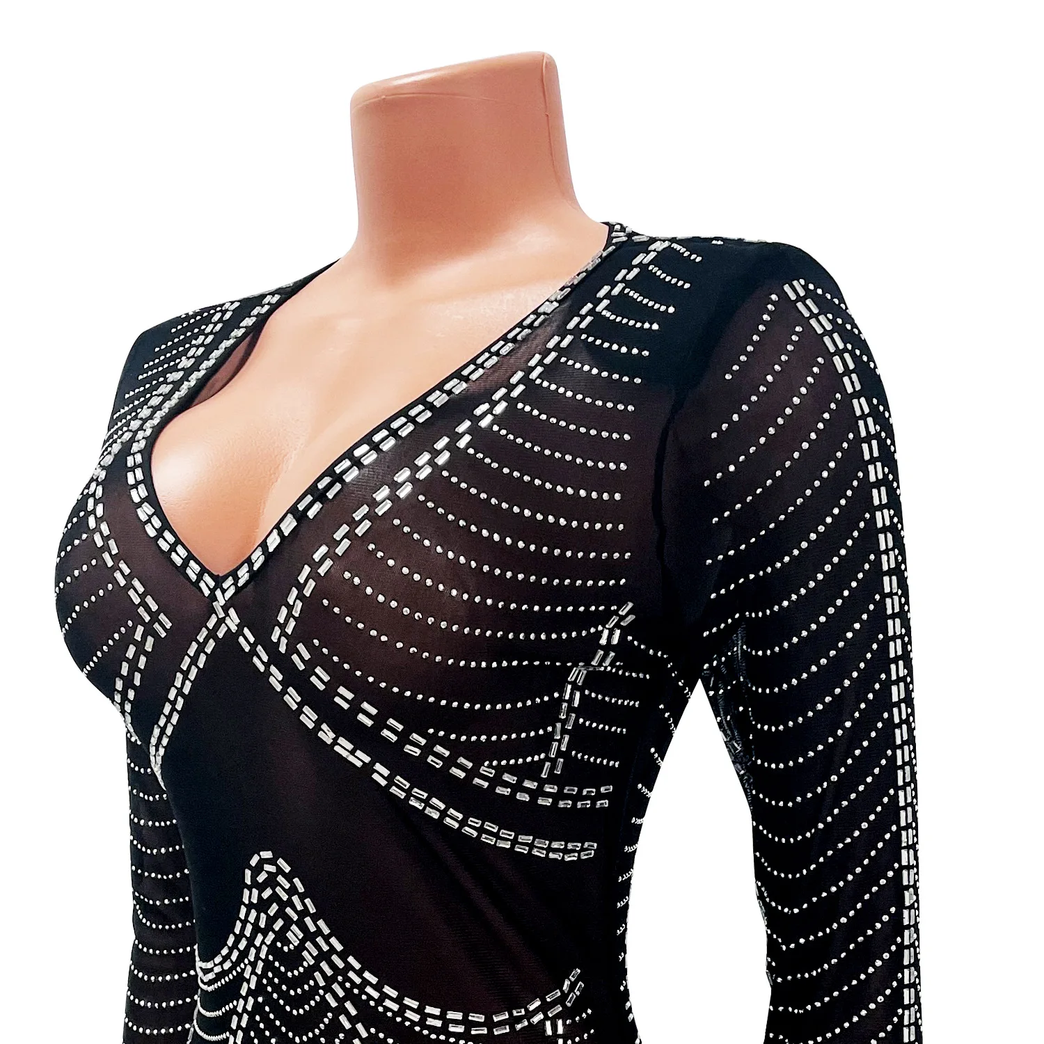 V-neck See Through Rhinestone Tulle Maternity Photograpnhy Props Dress Stretchy Bodycon Hot-fixed Maternity Photoshoot Dress