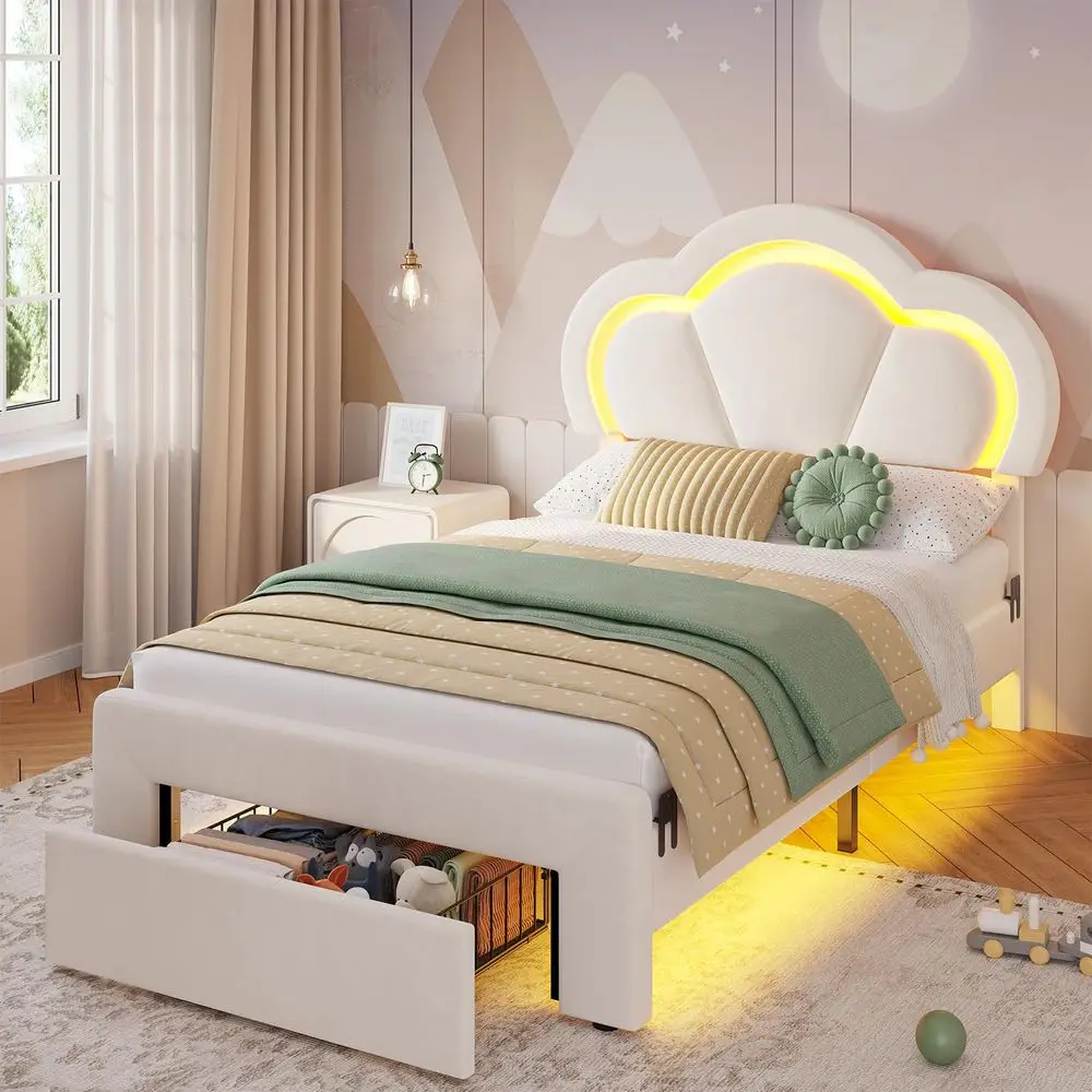

Кровать-платформа Twin Size для девочек с LED-подсветкой и выдвижным ящиком, обитая бархатом, с регулируемой высотой и декором в виде цветов