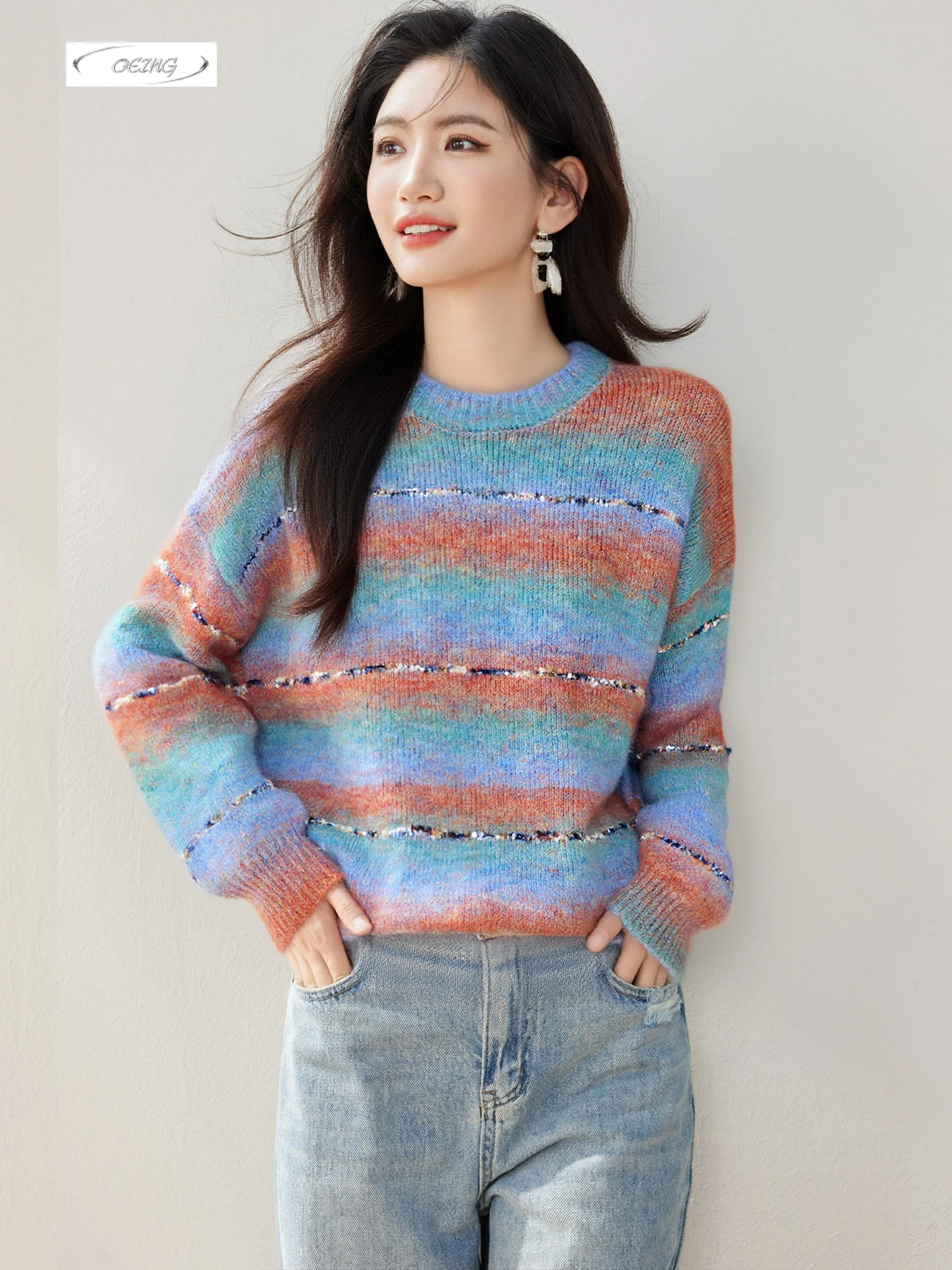 

Rainbow Stripe Pullover Sweater for Women Fashion Elegant Long Sleeve O-neck Loose Autumn Winter Thick Knitted Tops Jumper 9730
