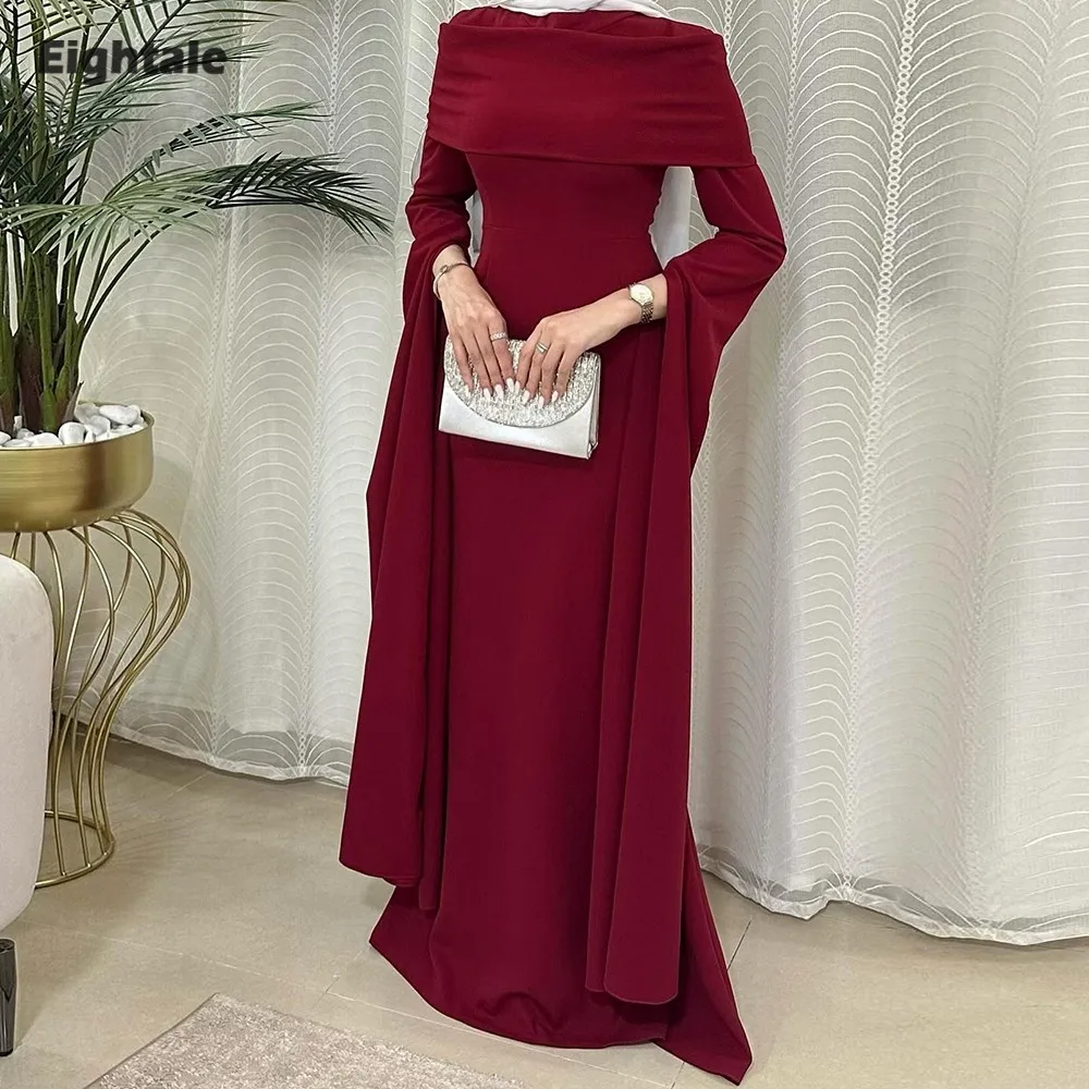 

Eightale Arabic Evening Dress for Wedding Party O-Neck Mermaid Cape Long Sleeves Burgundy Customized Prom Gown