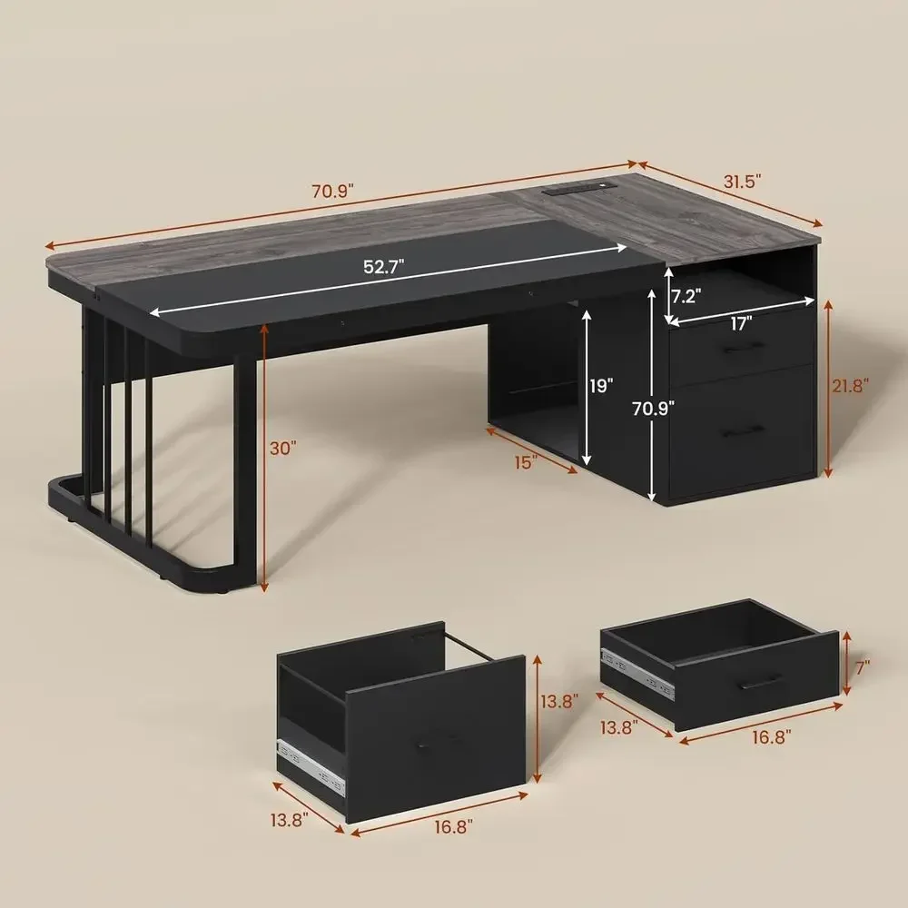 70.9 Executive Desk with Power Outlet, Large Office Desk with Drawers and Lateral File Cabinet, Extended Long Computer Desk with