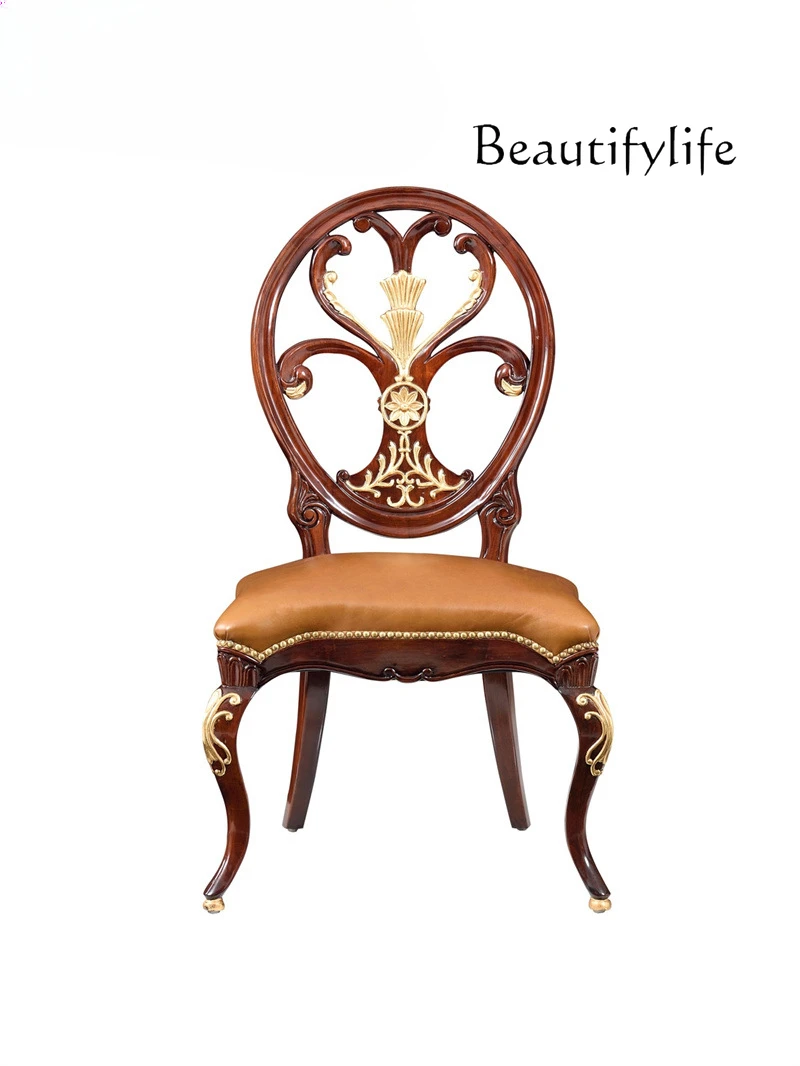 European dining chair mahogany core solid wood villa classic book chair first layer cowhide coffee chair