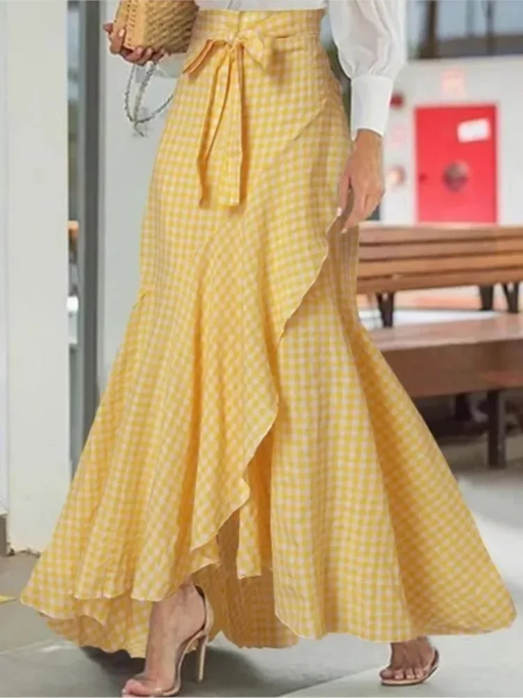 ربيع الخريف المرأة تنورة طويلة عالية الخصر الدانتيل متابعة كشكش تقليم منقوشة طباعة ربطة القوس فيونكة غير النظامية هيم ماكسي تنورة الإناث جديد #4