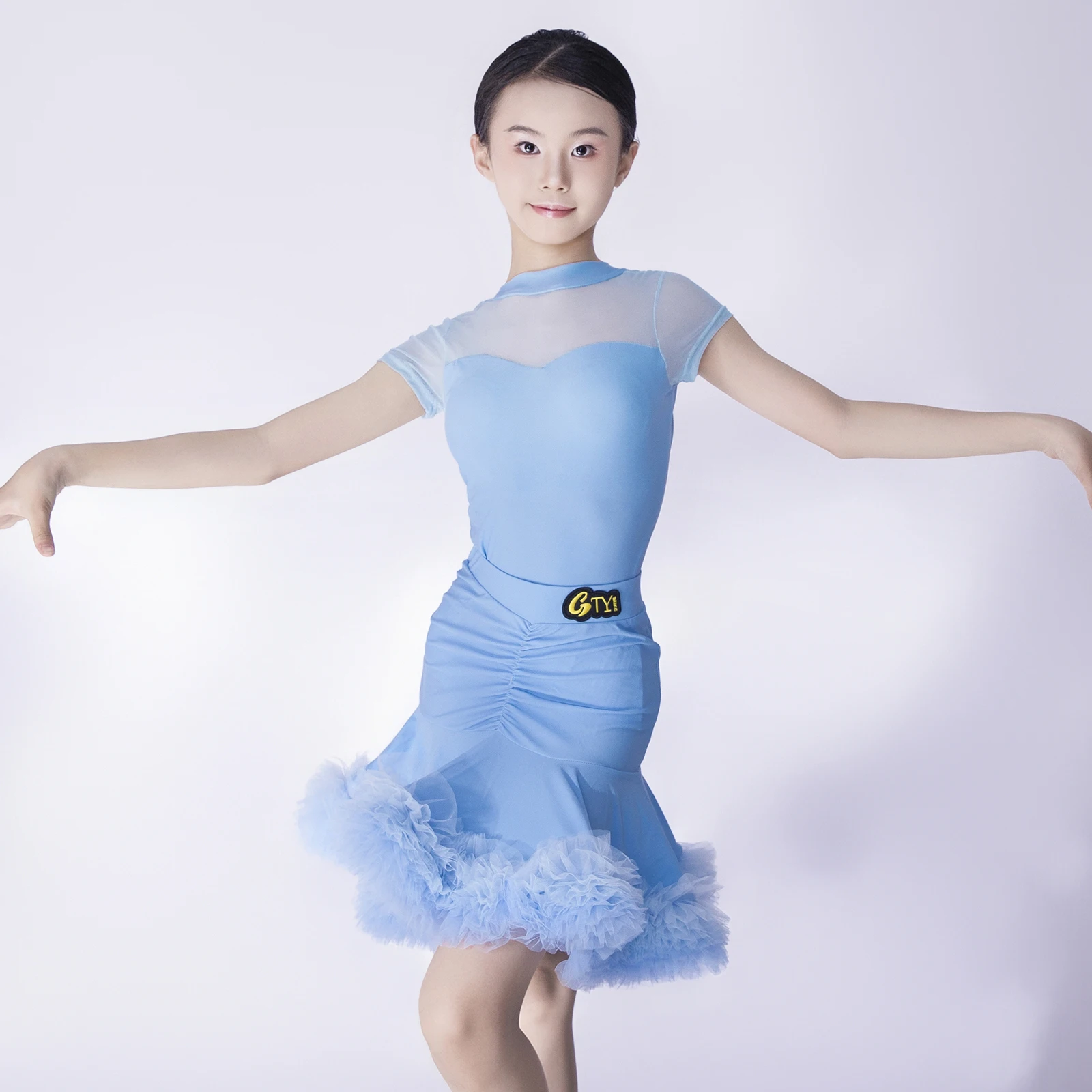 2025 Blu Vestito da ballo latino Ragazze Concorso Abbigliamento Maniche corte Gonna tutu Rumba Cha Cha Vestito da spettacolo di danza DNV23734