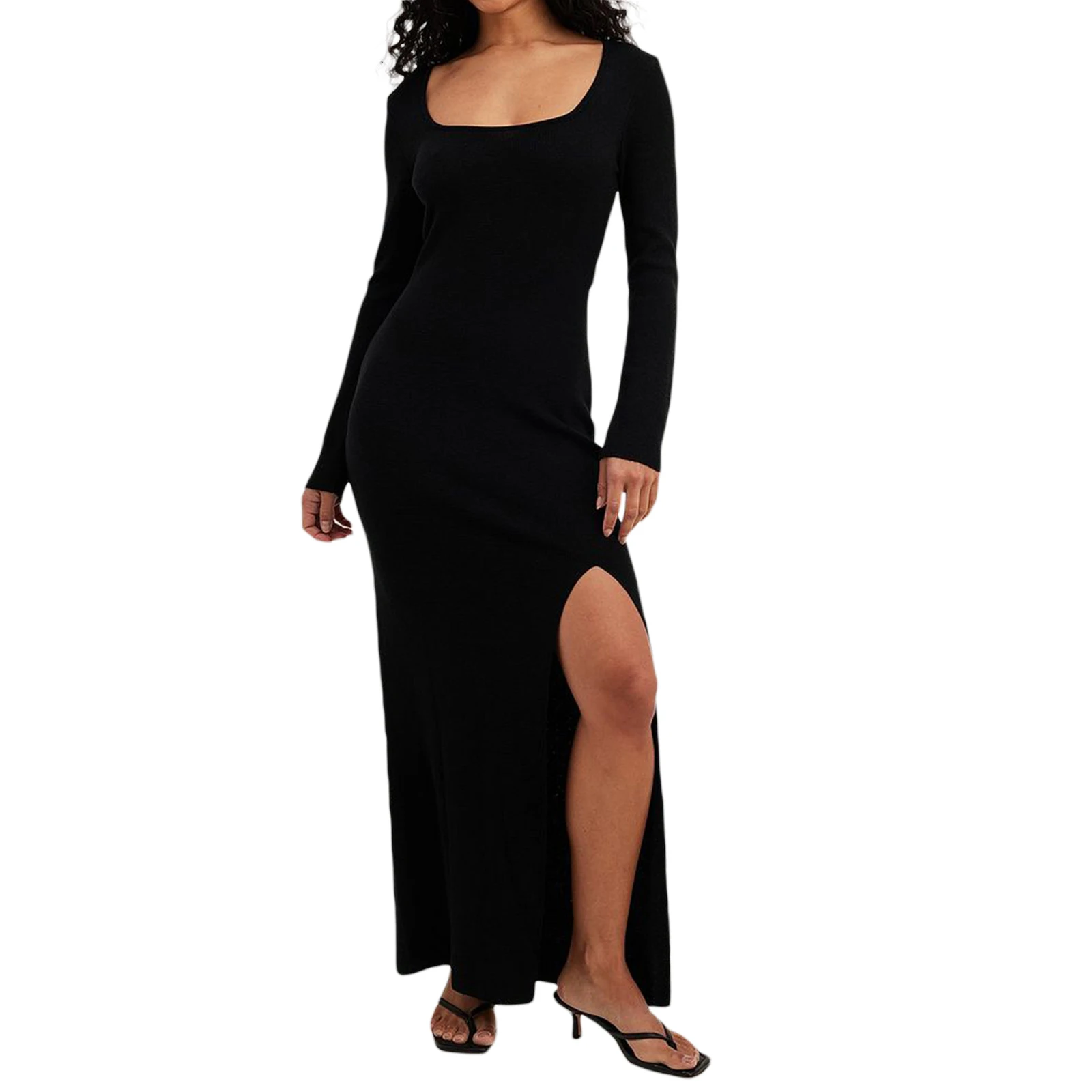 

Women's Fall Knit Long Dress Elegant Long Sleeve Scoop Neck Solid Color Midi Dress Thigh Split Dress