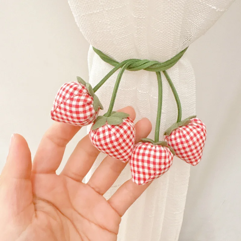 2pcs Korean-Style Red Gingham Strawberry Sweet Fabric Sheer Curtain Tiebacks, Hair Clips, Headwear Accessories, Garment Trims