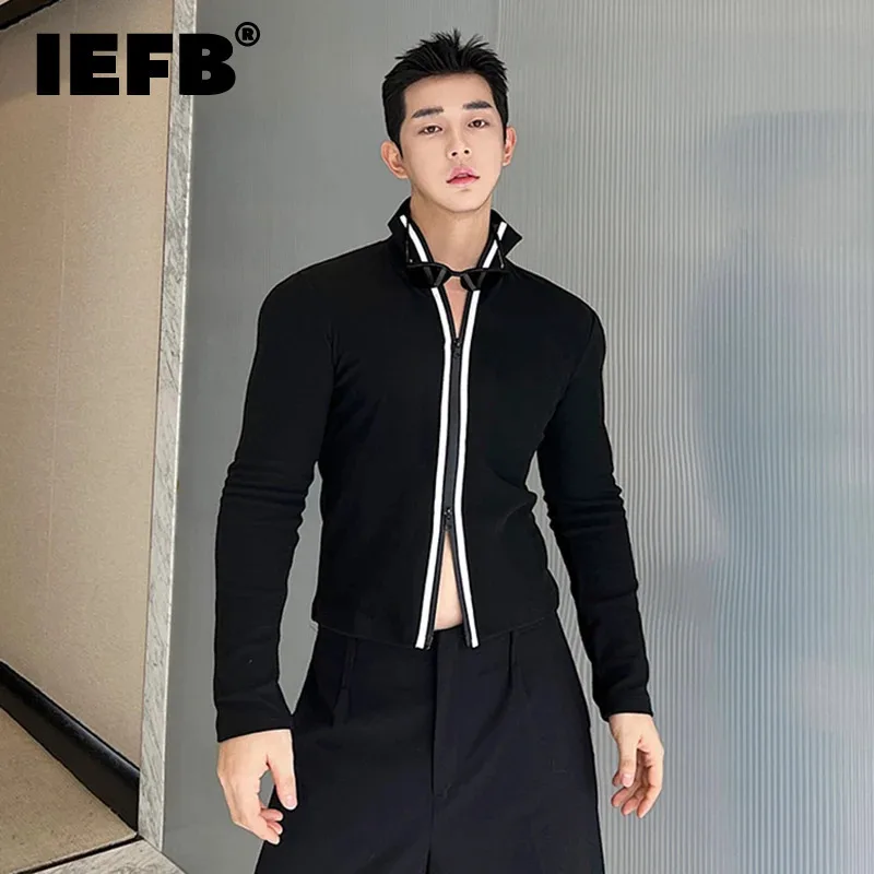 IEFBkorean Style Long Sleeve T-shirt Fashion Men\'s Clothing Versatile Double Zipper High Collar Cardigan Elgance Male New 9C2954