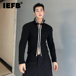 IEFBkorean Style Long Sleeve T-shirt Fashion Men's Clothing Versatile Double Zipper High Collar Cardigan Elgance Male New 9C2954