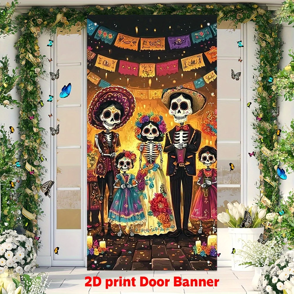 2D-Türbanner, 1 Stück Death Christmas Day Türbanner – Lebhaftes Verandaschild aus Polyester, verflochtener Totenkopf und Rosen-Design