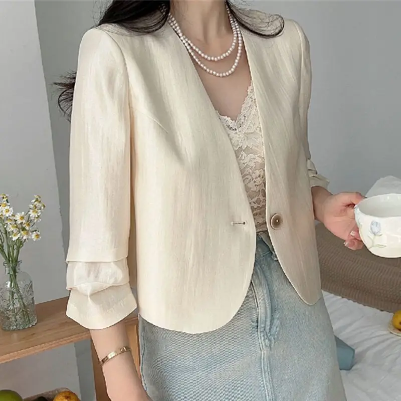 Korean Simplicity Summer Women\'s Solid V-Neck Single Button Fashion Office Lady Pleated Three Quarter Slim Blazer Coats Tops