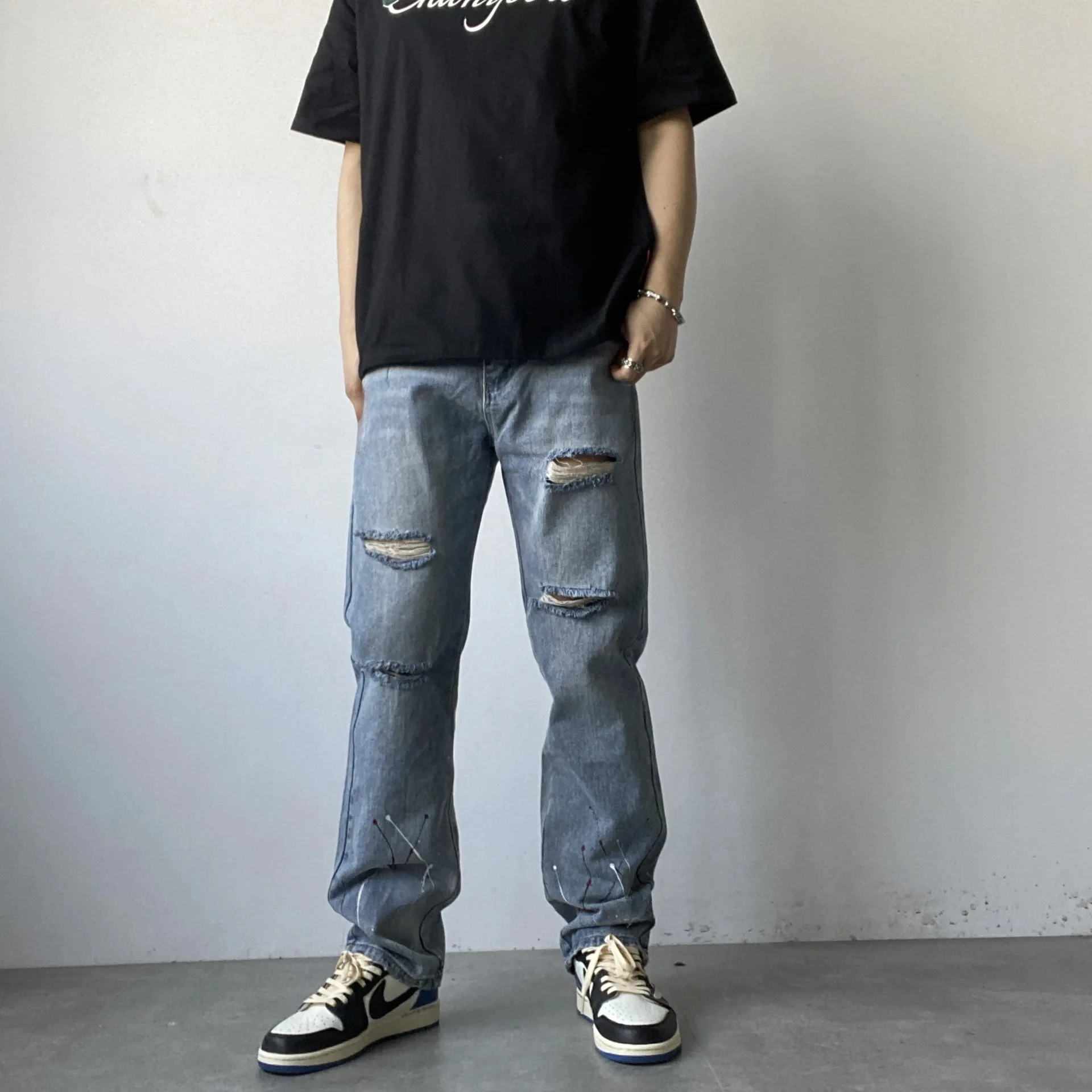 2024 High Street Hip Hop Piercing Retro Calça Casual