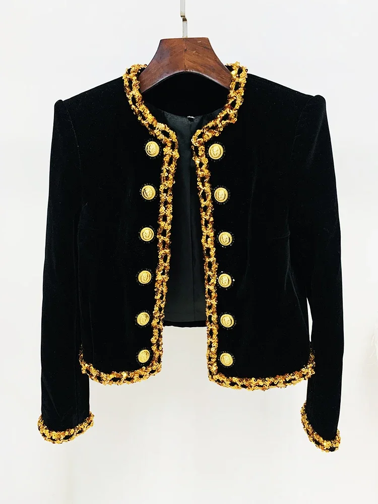 

HIGH STREET Newest Fashion 2024 Designer Jacket Women's Sequined Chain Beaded Lion Buttons Velvet Jacket