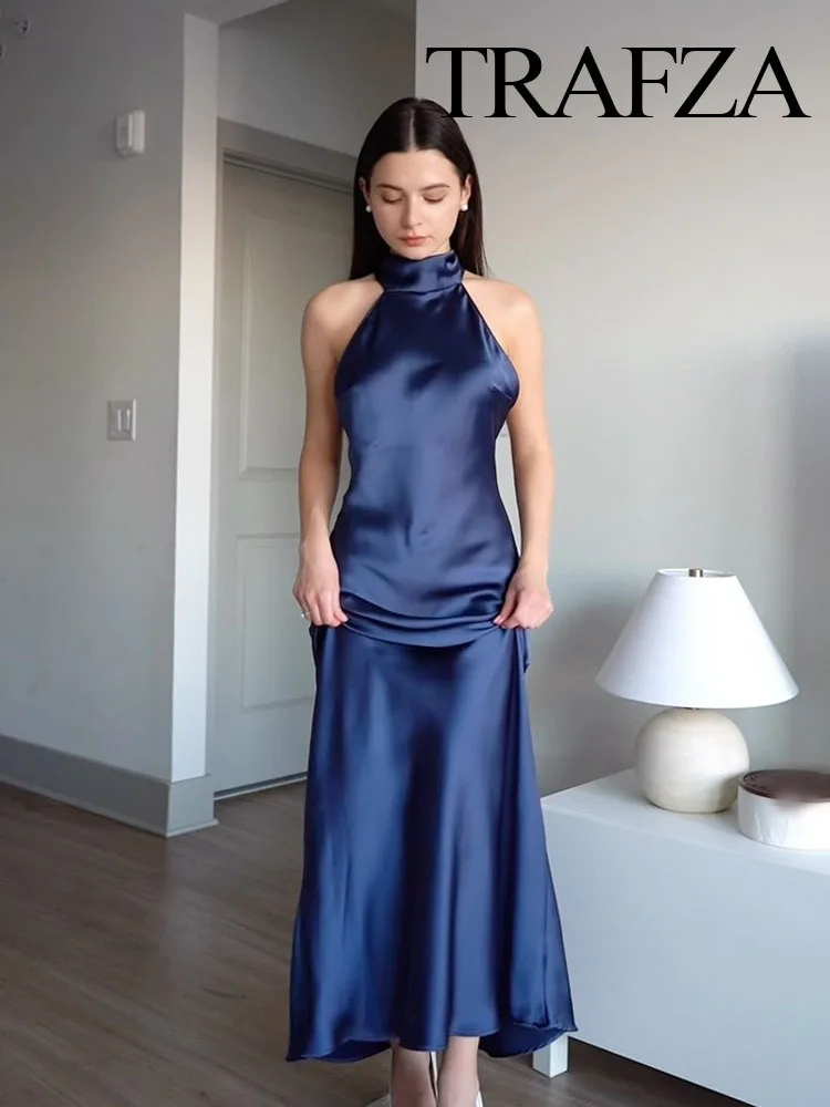 TRAFZA Summer Fashion Women Dress Solid Sleeveless Backless Bow Decoration Zipper Female Elegant Slim Long Dresses 5 Color image 4