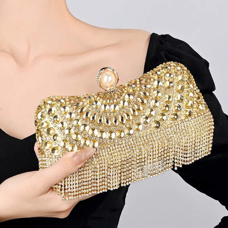 

Gold Evening Clutch Bag For Women Luxury Diamond Party Purse Handbag Fashion Tassel Shoulder Crossbody Box Party Clutch XA11ZZ