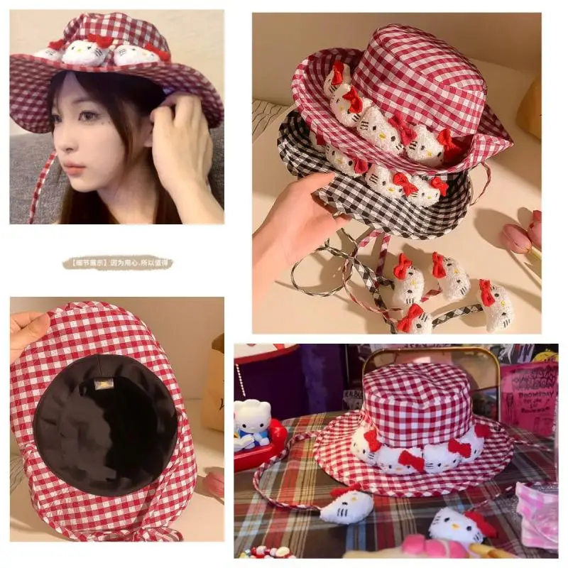 

New Cartoon Anime Hello Kitty Fisherman's Hat Sanrio Cute Red Checkered Sweet Series Sunshade Hat Girl Romantic Birthday Gifts