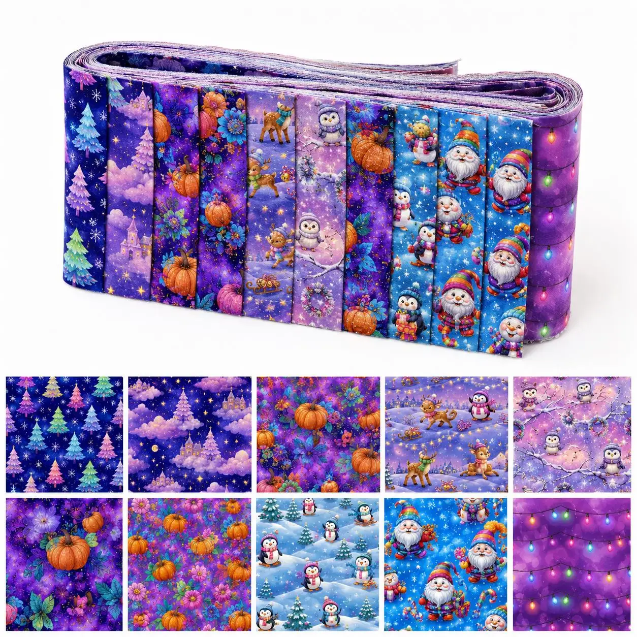 10pcs Penguin Christmas Jelly Roll Fabric Strips 2.5X19.7inch Pre-Cut Polyester For Patchwork Quilts, Table Runners, Placemats,