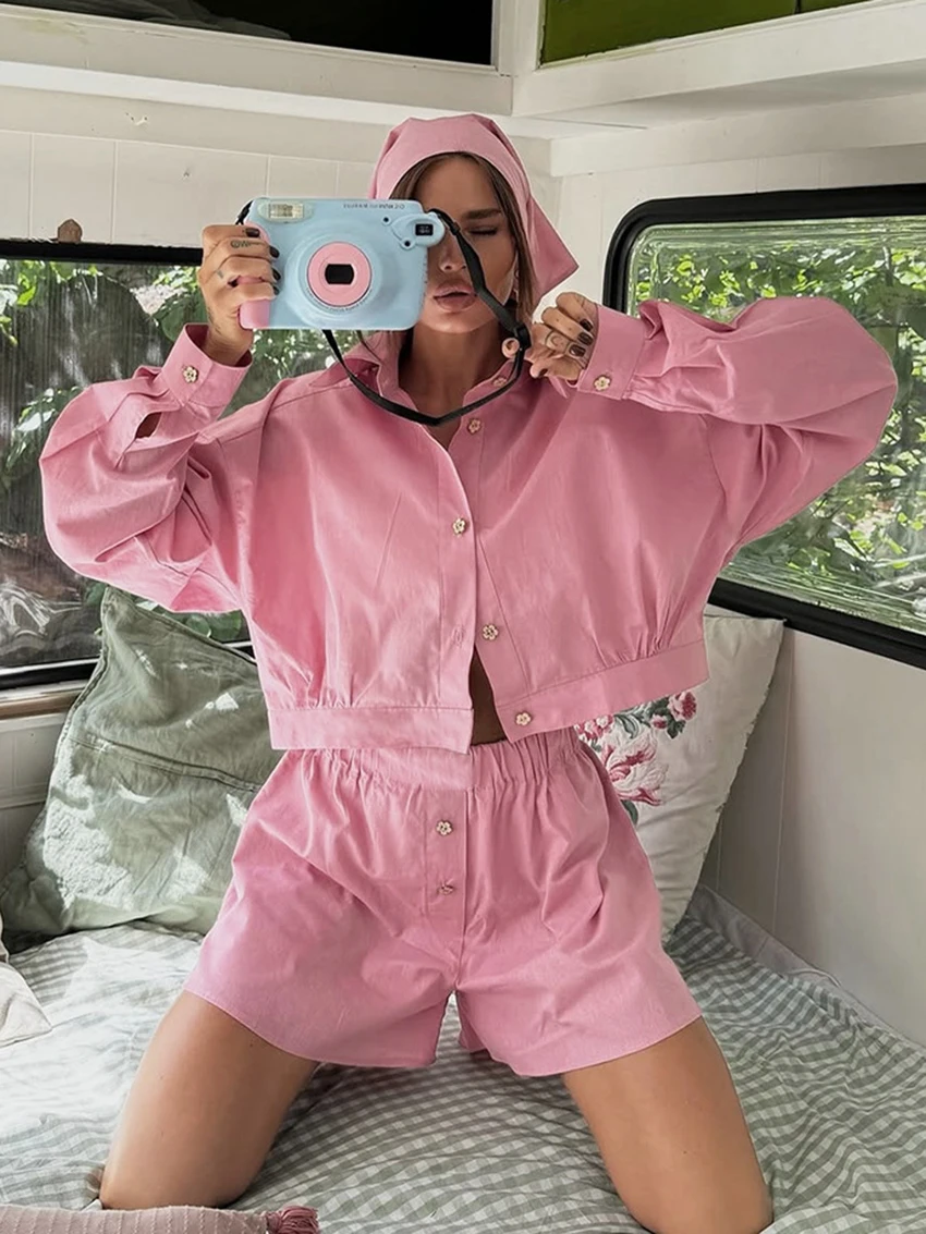 

Marthaqiqi Cotton Ladies Sleepwear Set Crop Top Pajama Long Sleeve Nightie Sexy Turn-Down Collar Nightwear Shorts Nightgown Suit