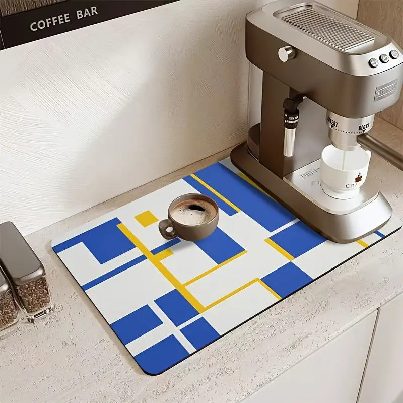 Kitchen Drainage Mat Geometric Abstract Block Cushion Super Absorbent Espresso Coffee Bar Pad Countertop Protection Rug