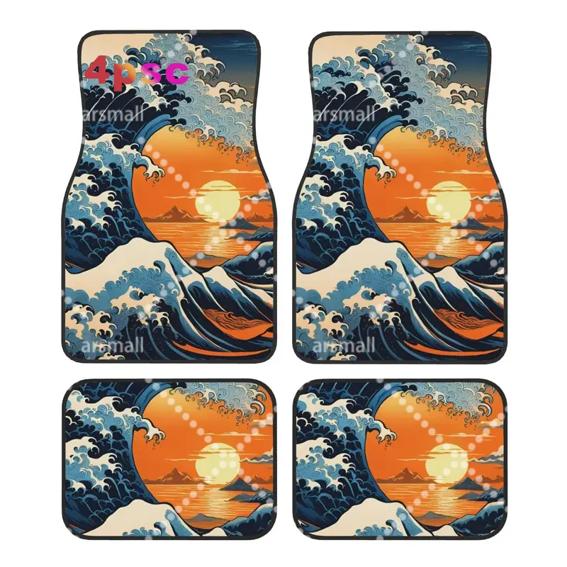 Car Floor Mats 4 Pcs Crystal Velvet The Great Wave off Kanagawa Universal Front Rear Foot Mats Pieces Auto Accessories Decor