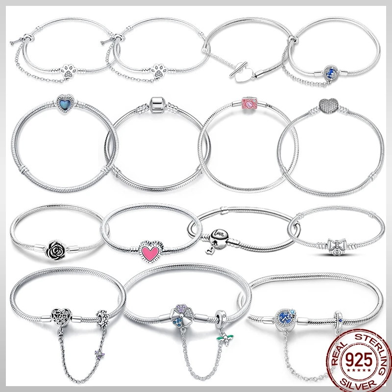 925 Sterling Silver Blue Beaded Rose Bow Bracelet Women\'s Original Bracelet Bracelet Diy Jewelry Gift Anniversary