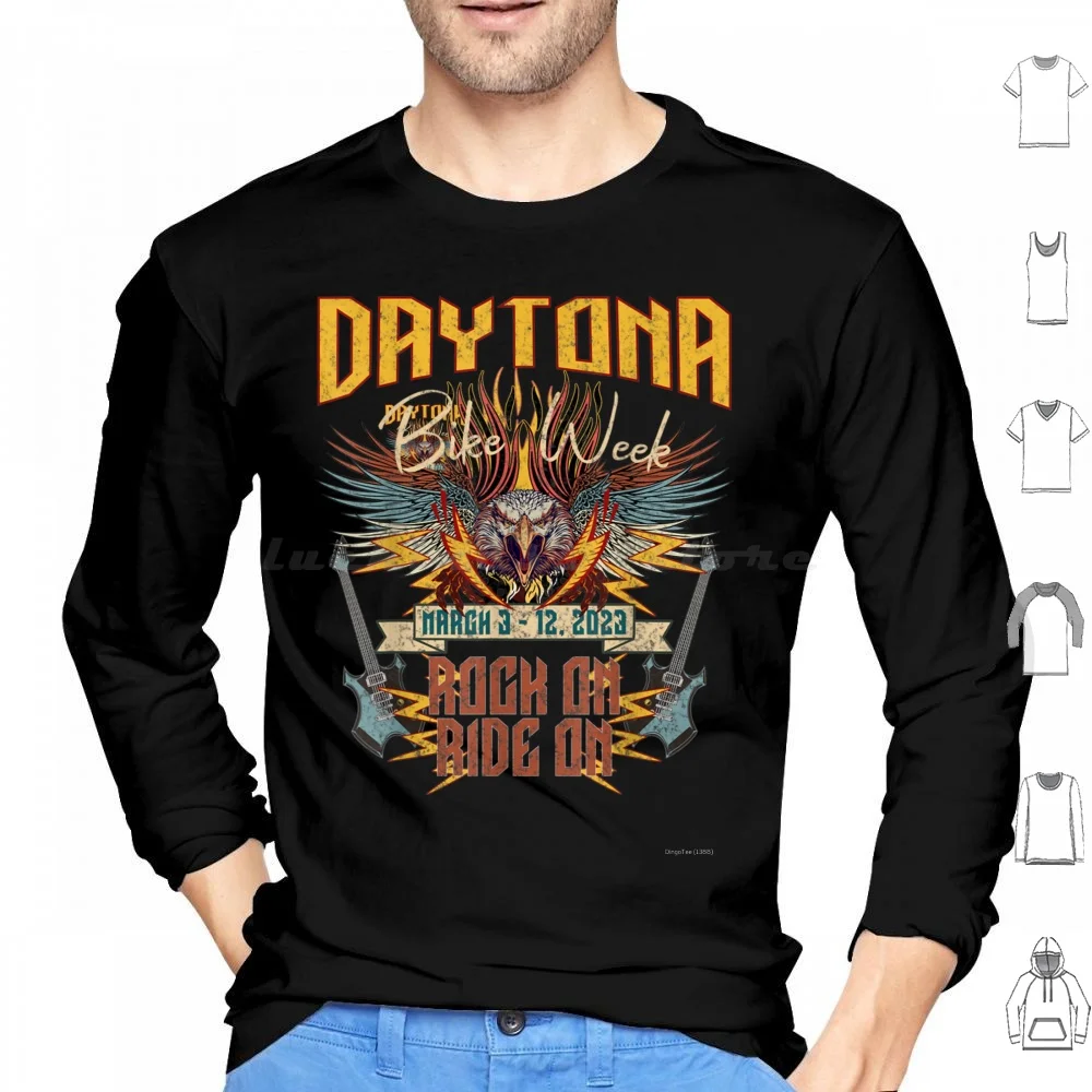 

Daytona Beach Bike Week "Rock On Ride On" Art On Front Толстовки с длинным рукавом Daytona Beach Bike Week Daytona Beach