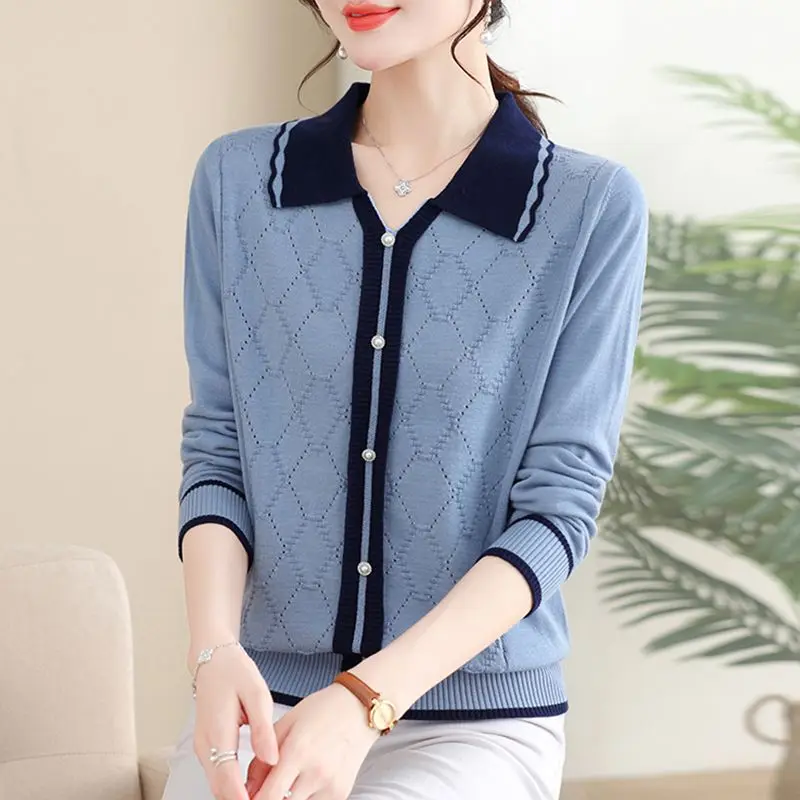 2023 Spring and Autumn Polo Collar Long Sleeve Solid Loose Sweater Age Reducing Comfortable Office Lady Leisure Female Underlay