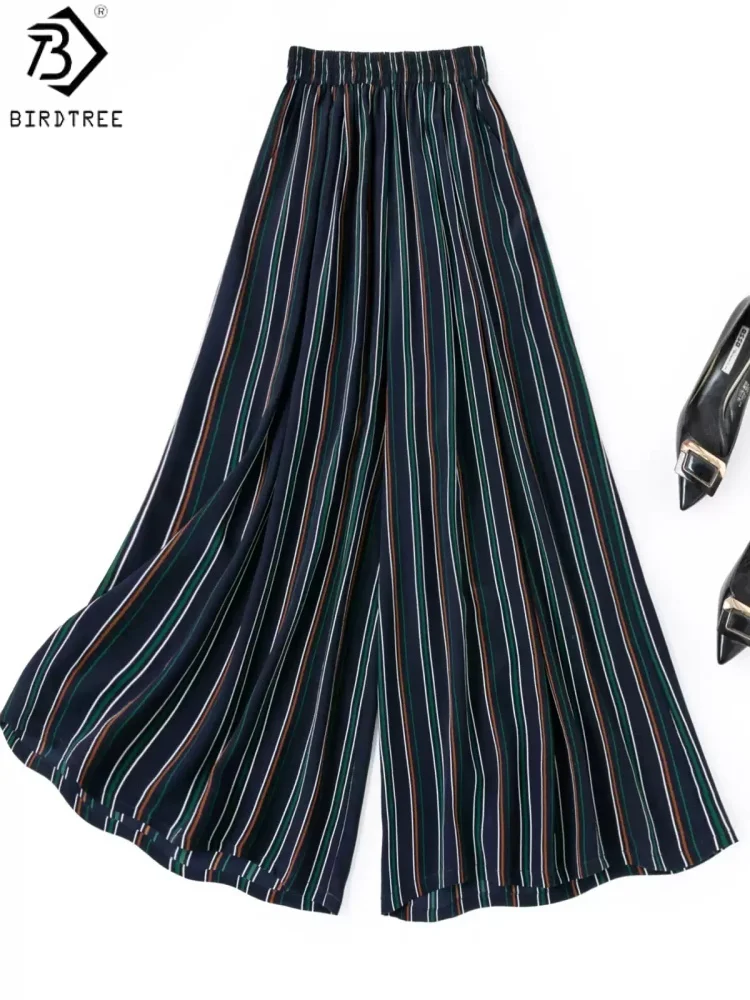 

Birdtree, 100% Real Silk Stripe Loose Pants, Women Double Crepe Soft Wide Leg Trousers, Elastic Waist, 2026 Summer New P65024JF