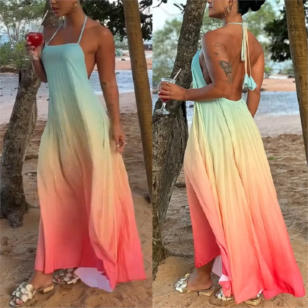 

2026 Neck Halter Hot Girl Style Dress For Wedding Dresses For Lady Vestidos Beachwear Temperament Backless Gradient Holiday Silm